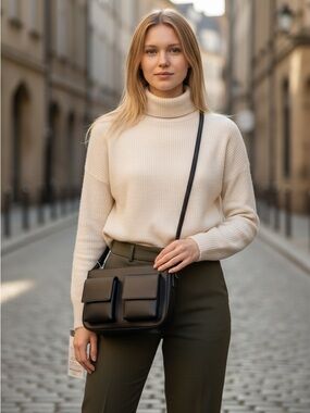Classical Versatile Fashion Black Leather Crossbody with Double Front Pockets